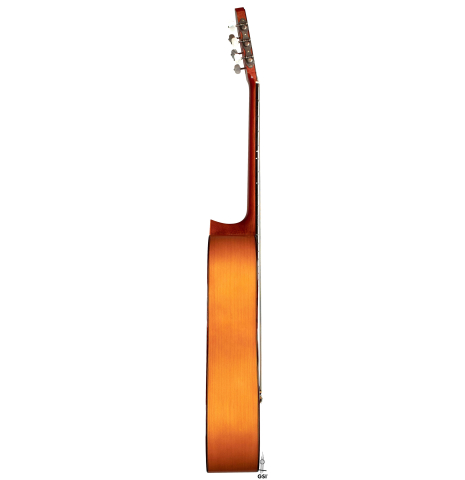 The side of a 1969 Manuel Velazquez "Flamenco Blanca" guitar made of spruce and cypress