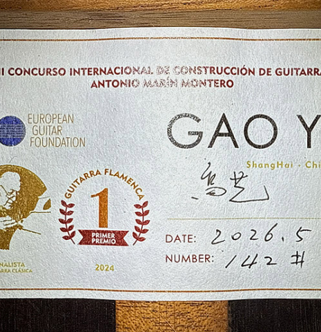 The label of a 2026 Gao Yi "Flamenco negra" made of spruce and Indian rosewood
