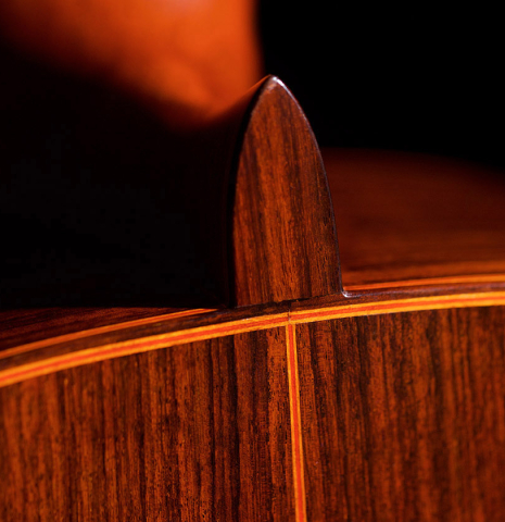 The back and heel of a 1996 Conde Hermanos &quot;AF 25&quot; flamenco guitar made with spruce and Indian rosewood