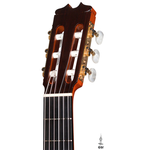 The headstock of a 1996 Conde Hermanos &quot;AF 25&quot; flamenco guitar made with spruce and Indian rosewood