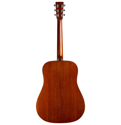 The back of a 1951 Martin D-18 steel-string guitar made of spruce and mahogany