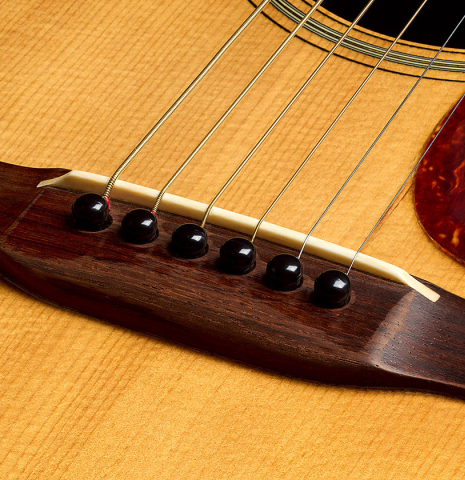 The bridge of a 1951 Martin D-18 steel-string guitar made of spruce and mahogany
