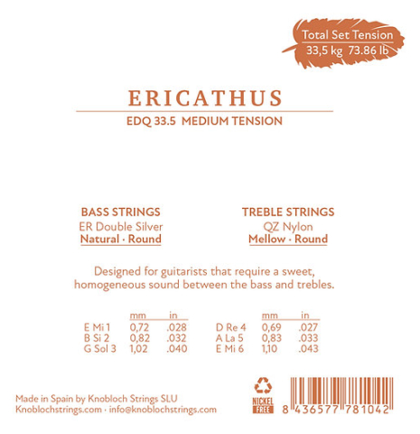 The back of a package of Knobloch &quot;Erithacus&quot; Double Silver QZ Nylon Medium Tension EDQ33.5