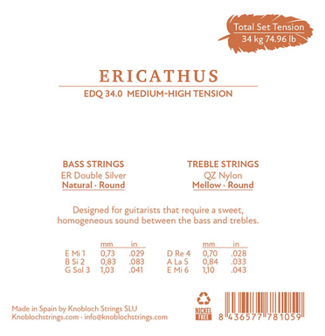 The back of a package of Knobloch "Erithacus" Double Silver QZ Nylon Medium-High Tension EDQ34.0