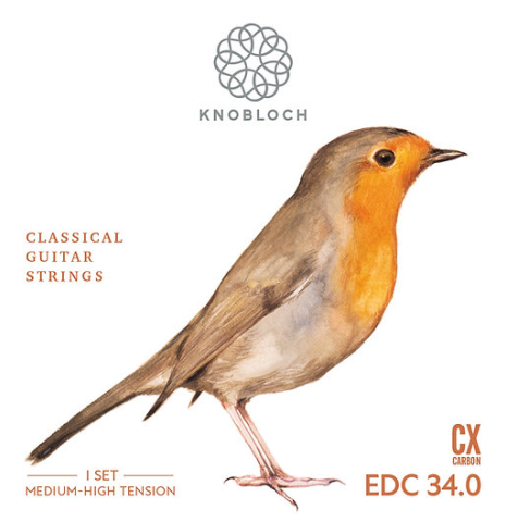 The front of a package of Knobloch &quot;Erithacus&quot; Double Silver CX Carbon Medium-High Tension EDC34.0