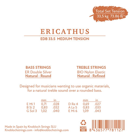 The back of the package of Knobloch &quot;Erithacus&quot; Double Silver BI Nylon Medium Tension EDB33.5