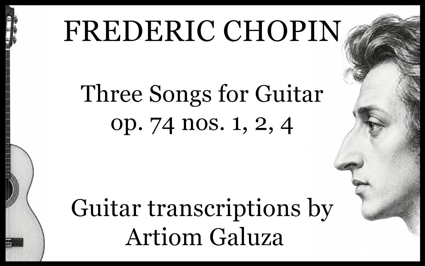 Cover: Chopin Three Songs for Guitar sheet music cover, transcribed by Artiom Galuza Hand cast: Cast of Fryderyk Chopin's left hand on guitar strings