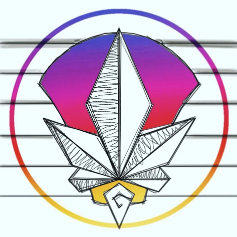 Miguel Angel Gutiérrez's geometric leaf symbol drawn inside a colored circle over guitar strings
