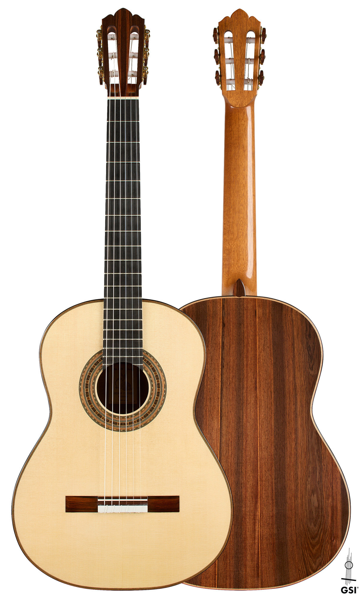 2026 Brian Itzkin No. 65 SP/AR Front and back of a 2026 Brian Itzkin No. 65 classical guitar, spruce and African rosewood