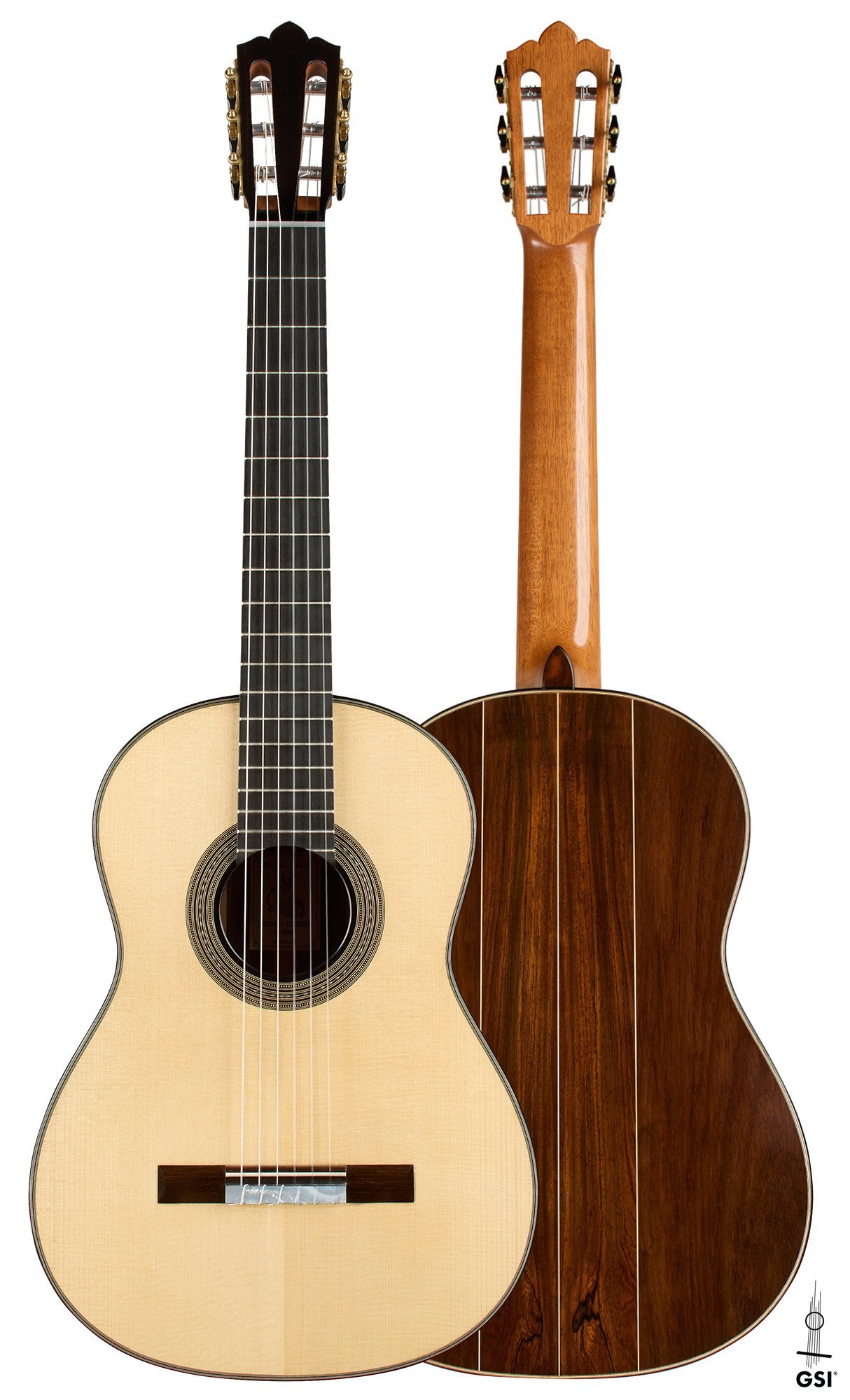 2026 Brian Itzkin "635" No. 63 SP/CSAR Front and back of a 2026 Brian Itzkin "635" No. 63 classical guitar, spruce and CSA rosewood