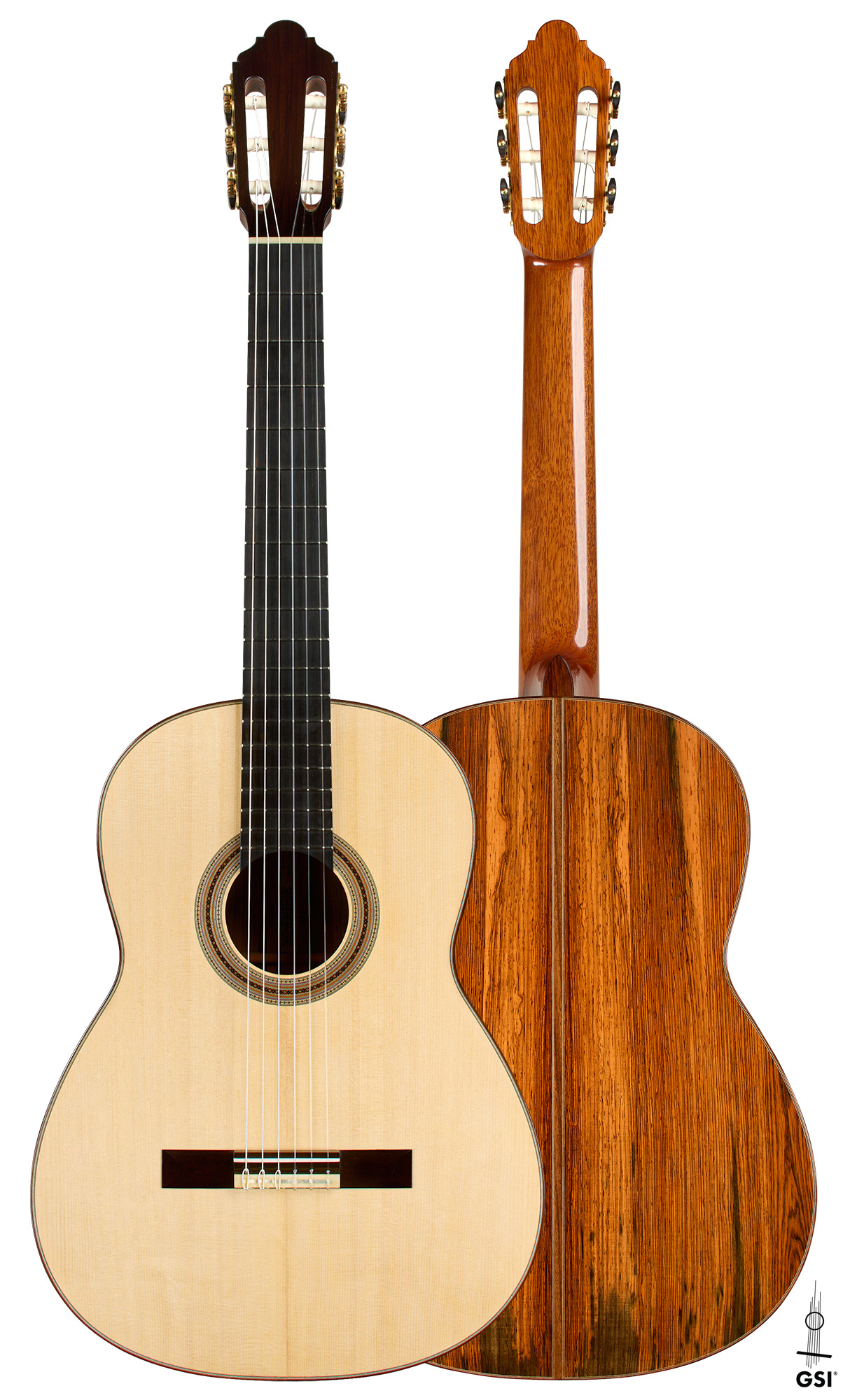 2026 Jean-Noël Rohé SP/CSAR Front and back of a 2026 Jean-Noël Rohé classical guitar, spruce and CSA rosewood
