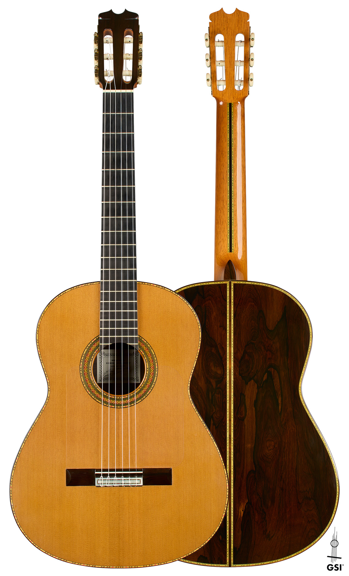 2001 Conde Hermanos "Felipe V" No. 46 CD/CSAR Front and back of a 2001 Conde Hermanos "Felipe V" No. 46 flamenco guitar, cedar and CSA rosewood